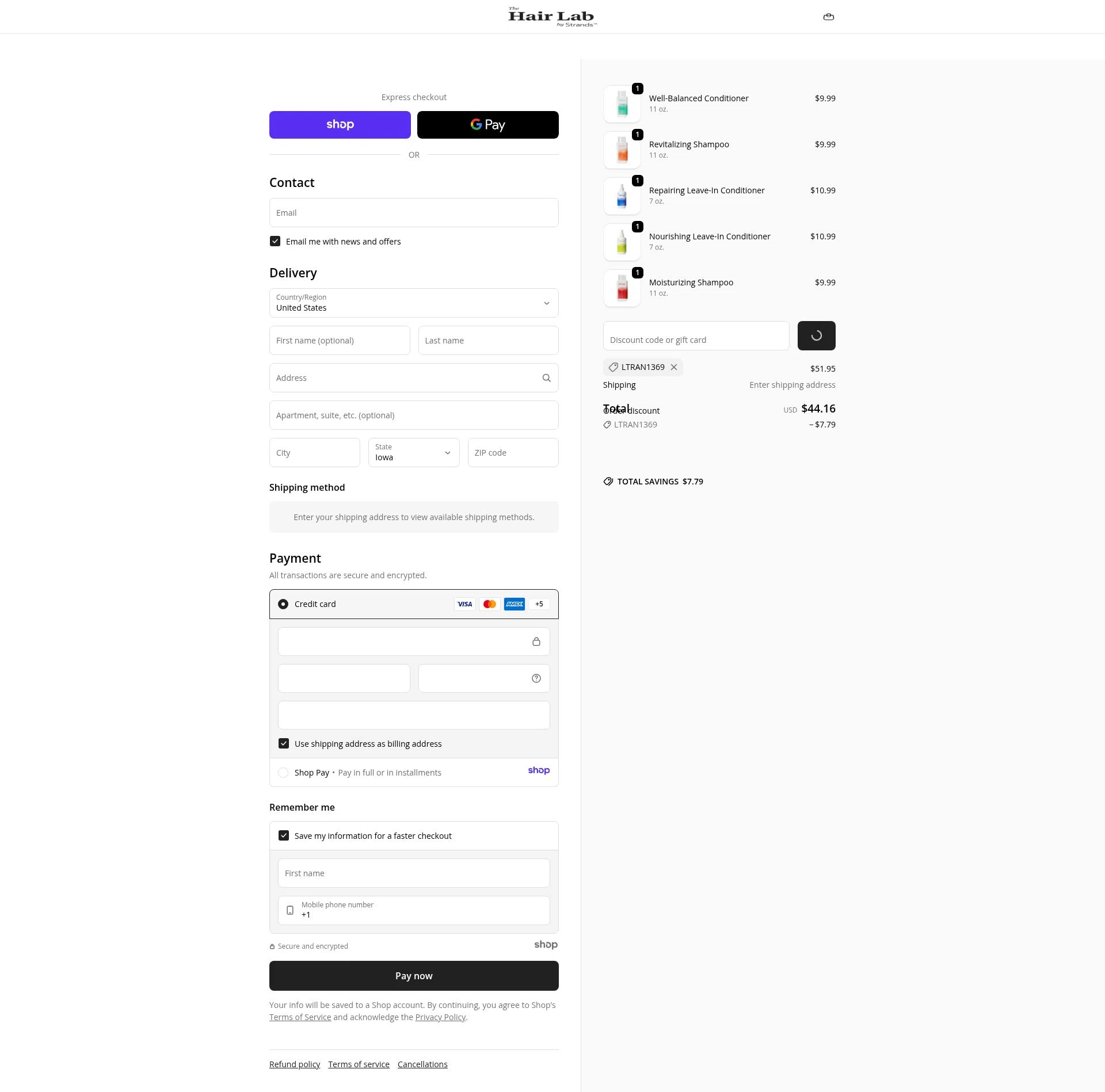 The Hair Lab by Strands checkout page showing The Hair Lab by Strands promo code box | Screenshot taken by SimplyCodes community member on Dec 30, 2025