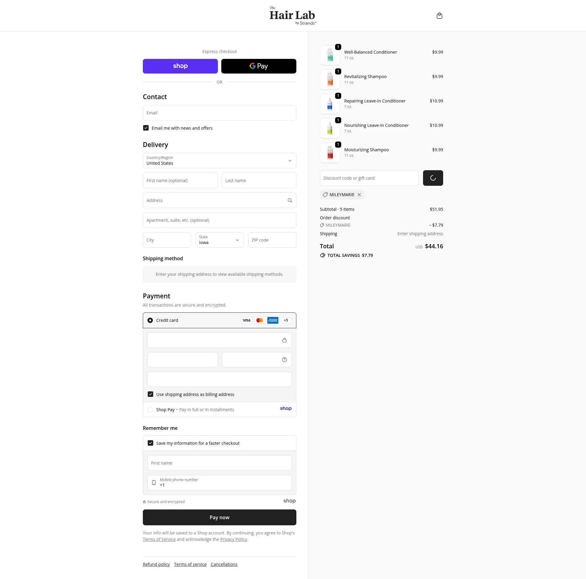 The Hair Lab by Strands checkout page showing The Hair Lab by Strands promo code box | Screenshot taken by SimplyCodes community member on Dec 30, 2025