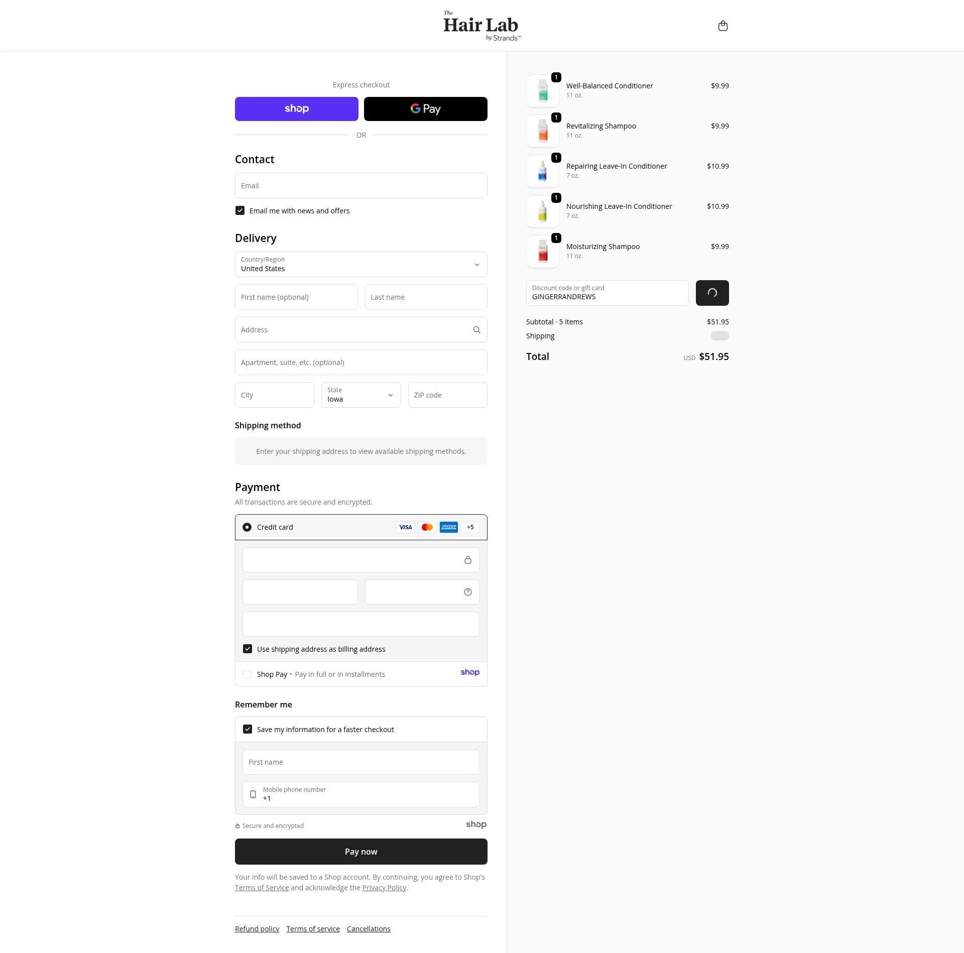 The Hair Lab by Strands checkout page showing The Hair Lab by Strands promo code box | Screenshot taken by SimplyCodes community member on Dec 30, 2025