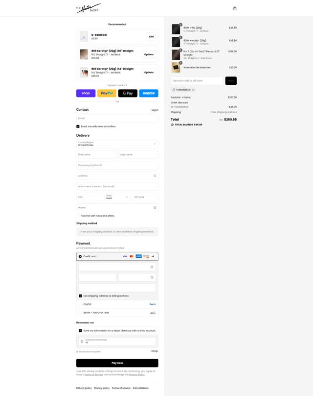 The Hair Shop checkout page showing The Hair Shop discount code box | Screenshot taken by SimplyCodes community member on Sep 8, 2025
