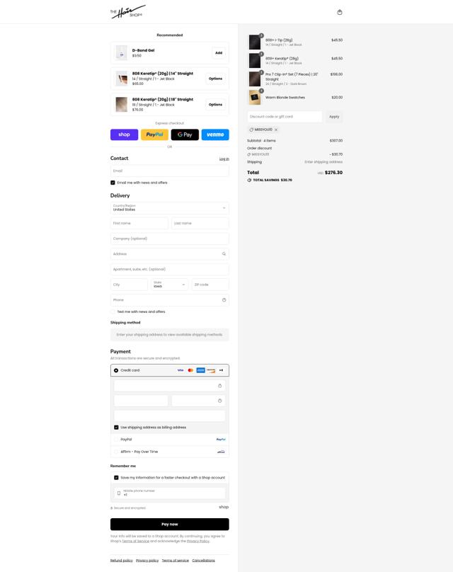 The Hair Shop checkout page showing The Hair Shop discount code box | Screenshot taken by SimplyCodes community member on Sep 4, 2025