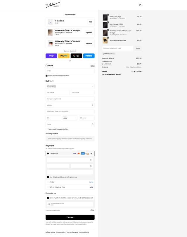 The Hair Shop checkout page showing The Hair Shop discount code box | Screenshot taken by SimplyCodes community member on Sep 8, 2025
