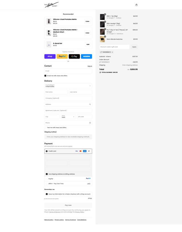 The Hair Shop checkout page showing The Hair Shop discount code box | Screenshot taken by SimplyCodes community member on Sep 12, 2025