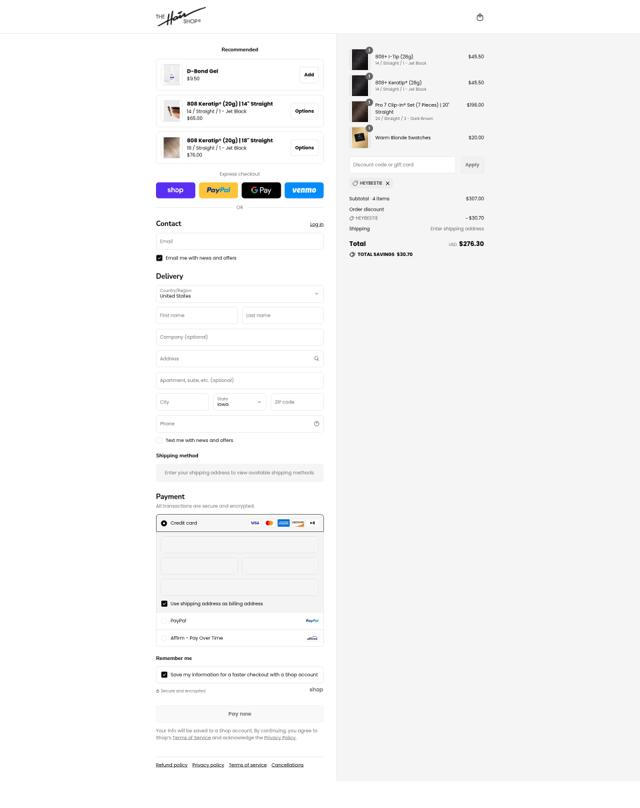 The Hair Shop checkout page showing The Hair Shop discount code box | Screenshot taken by SimplyCodes community member on Sep 4, 2025