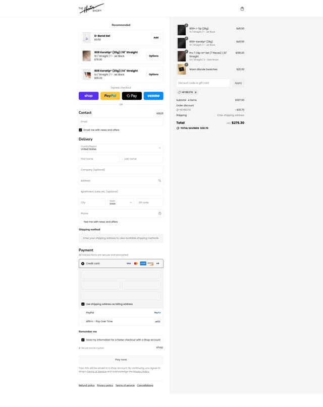The Hair Shop checkout page showing The Hair Shop discount code box | Screenshot taken by SimplyCodes community member on Sep 8, 2025