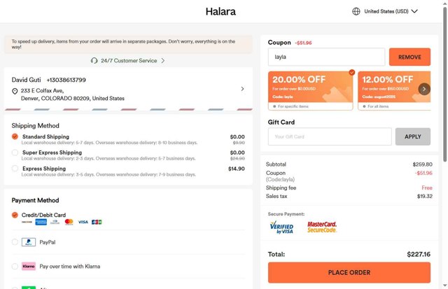 HALARA checkout page showing HALARA coupon code box | Screenshot taken by SimplyCodes community member on Aug 29, 2025