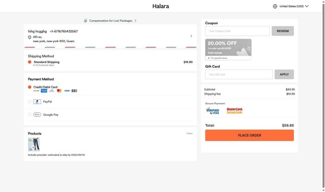 HALARA checkout page showing HALARA coupon code box | Screenshot taken by SimplyCodes community member on Aug 28, 2025