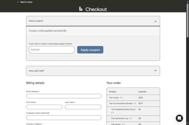 The Handy checkout page showing The Handy coupon code box | Screenshot taken by SimplyCodes community member on Aug 23, 2025