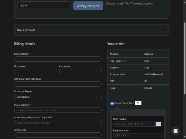 The Handy checkout page showing The Handy coupon code box | Screenshot taken by SimplyCodes community member on Aug 29, 2025