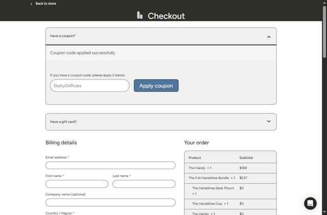 The Handy checkout page showing The Handy coupon code box | Screenshot taken by SimplyCodes community member on Aug 23, 2025
