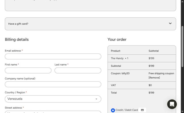The Handy checkout page showing The Handy coupon code box | Screenshot taken by SimplyCodes community member on Aug 23, 2025