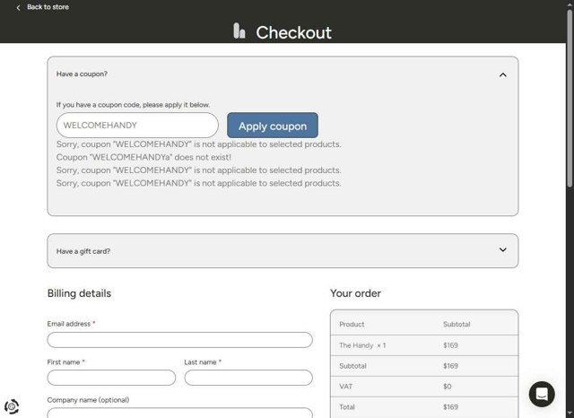 The Handy checkout page showing The Handy coupon code box | Screenshot taken by SimplyCodes community member on Aug 27, 2025