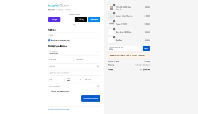 Happiest Baby checkout page showing Happiest Baby discount code box | Screenshot taken by SimplyCodes community member on Sep 6, 2025