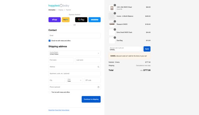 Happiest Baby checkout page showing Happiest Baby discount code box | Screenshot taken by SimplyCodes community member on Sep 6, 2025