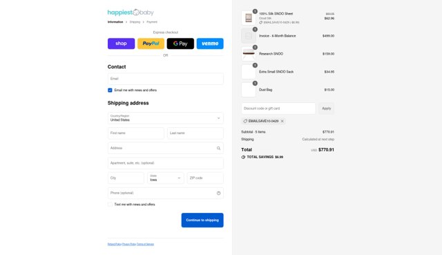 Happiest Baby checkout page showing Happiest Baby discount code box | Screenshot taken by SimplyCodes community member on Sep 6, 2025