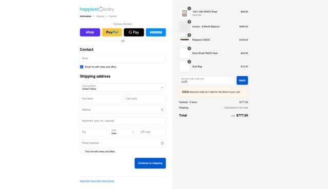 Happiest Baby checkout page showing Happiest Baby discount code box | Screenshot taken by SimplyCodes community member on Sep 6, 2025