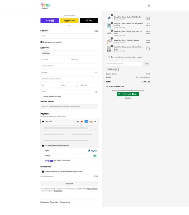 The Happy Planner checkout page showing The Happy Planner discount code box | Screenshot taken by SimplyCodes community member on Jan 27, 2025