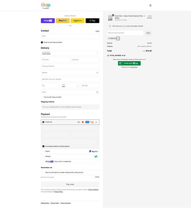 The Happy Planner checkout page showing The Happy Planner discount code box | Screenshot taken by SimplyCodes community member on Dec 21, 2024