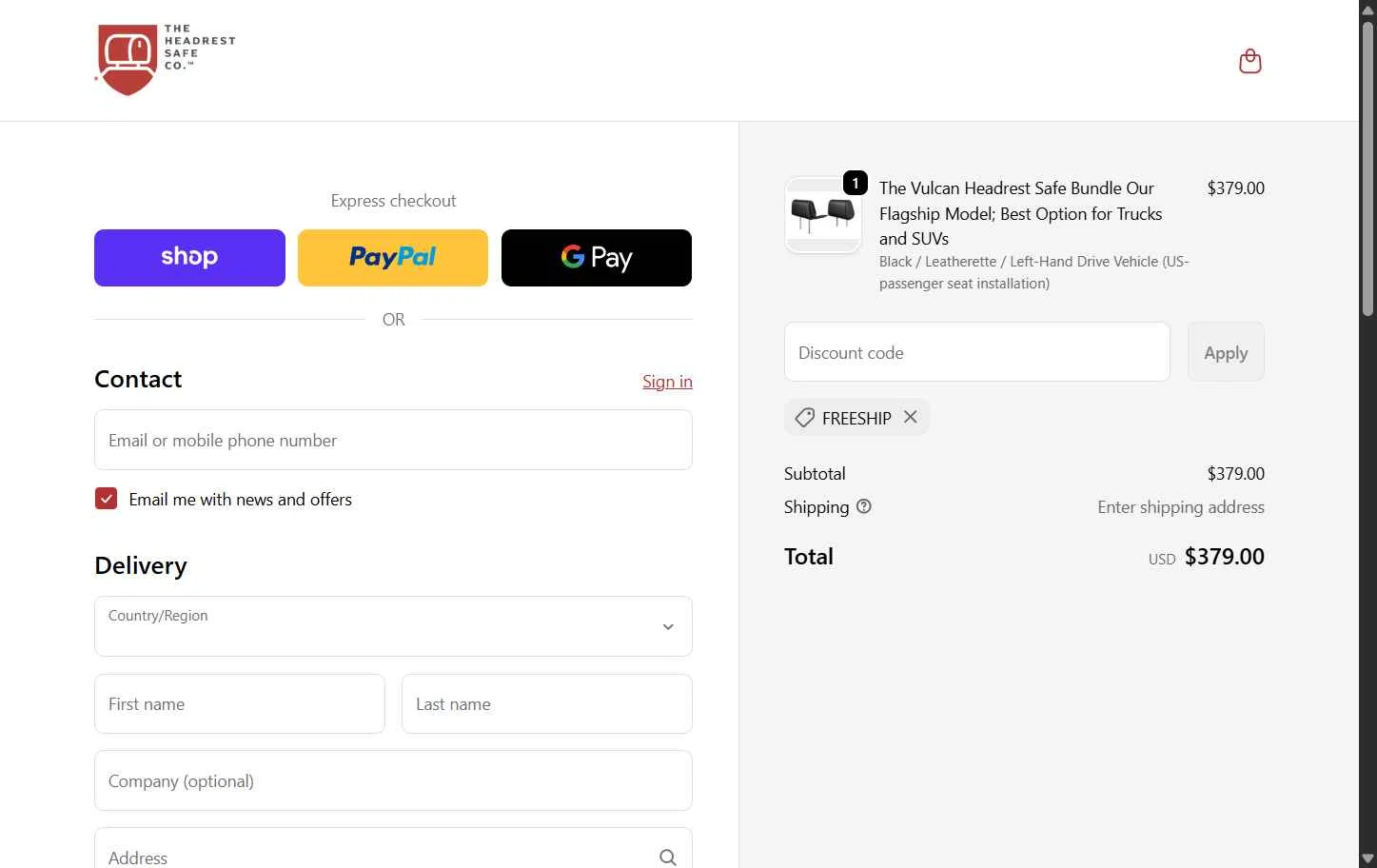 The Headrest Safe checkout page showing The Headrest Safe promo code box | Screenshot taken by SimplyCodes community member on Dec 31, 2025