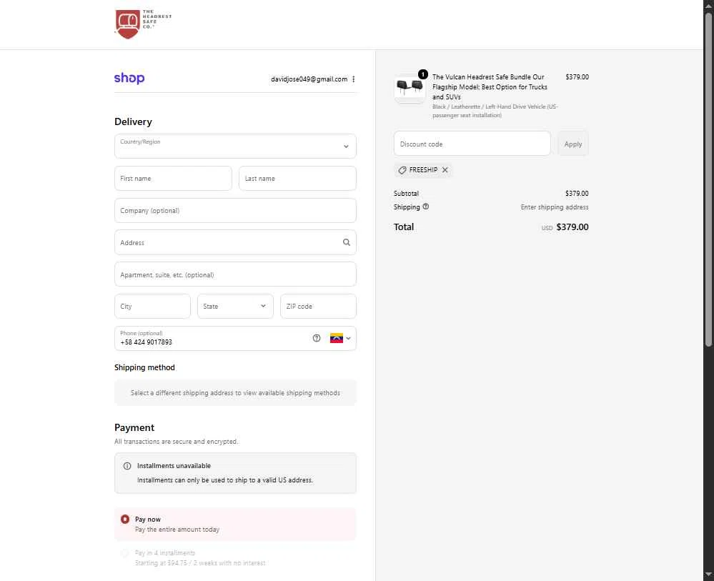The Headrest Safe checkout page showing The Headrest Safe promo code box | Screenshot taken by SimplyCodes community member on Dec 2, 2025