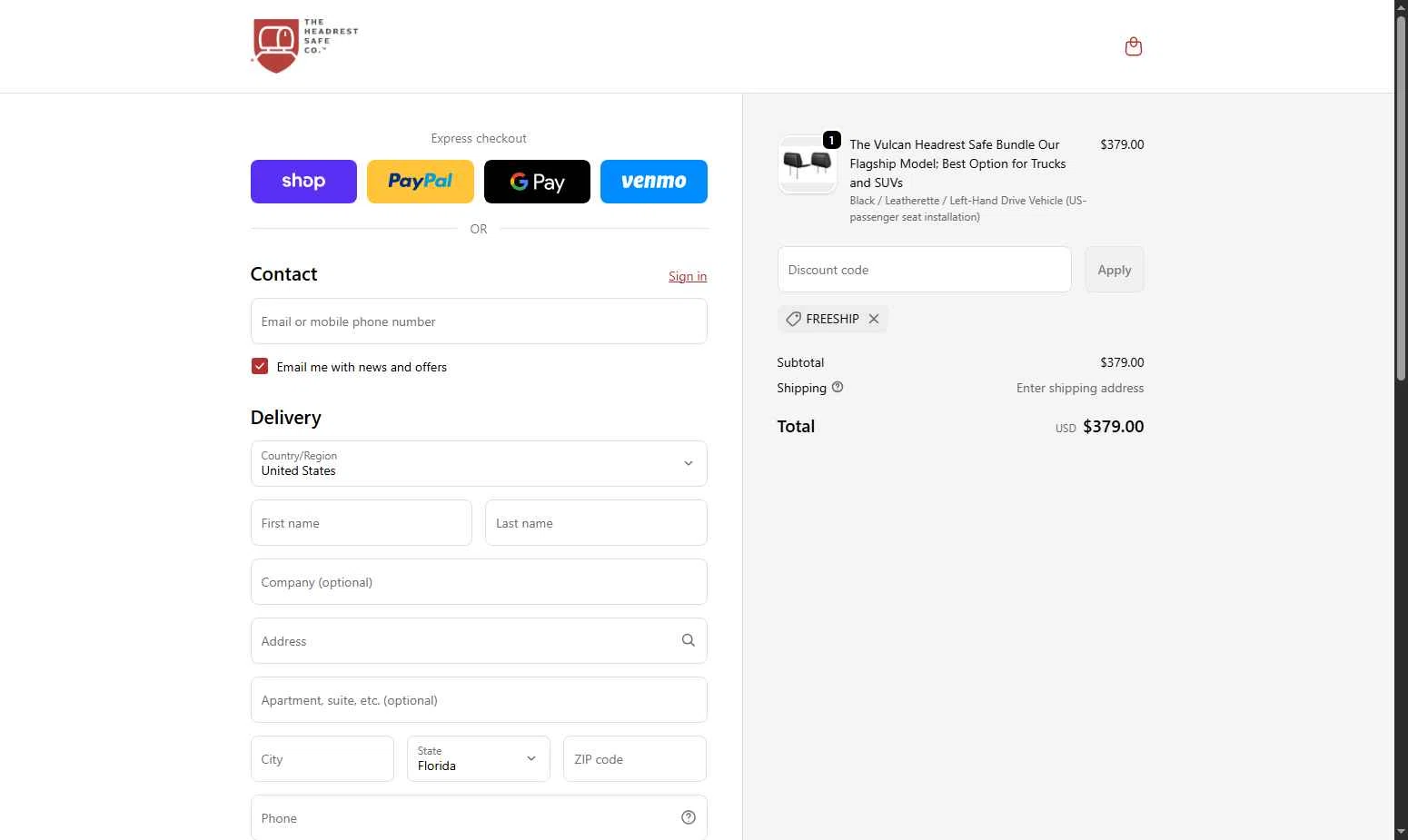 The Headrest Safe checkout page showing The Headrest Safe promo code box | Screenshot taken by SimplyCodes community member on Oct 4, 2025
