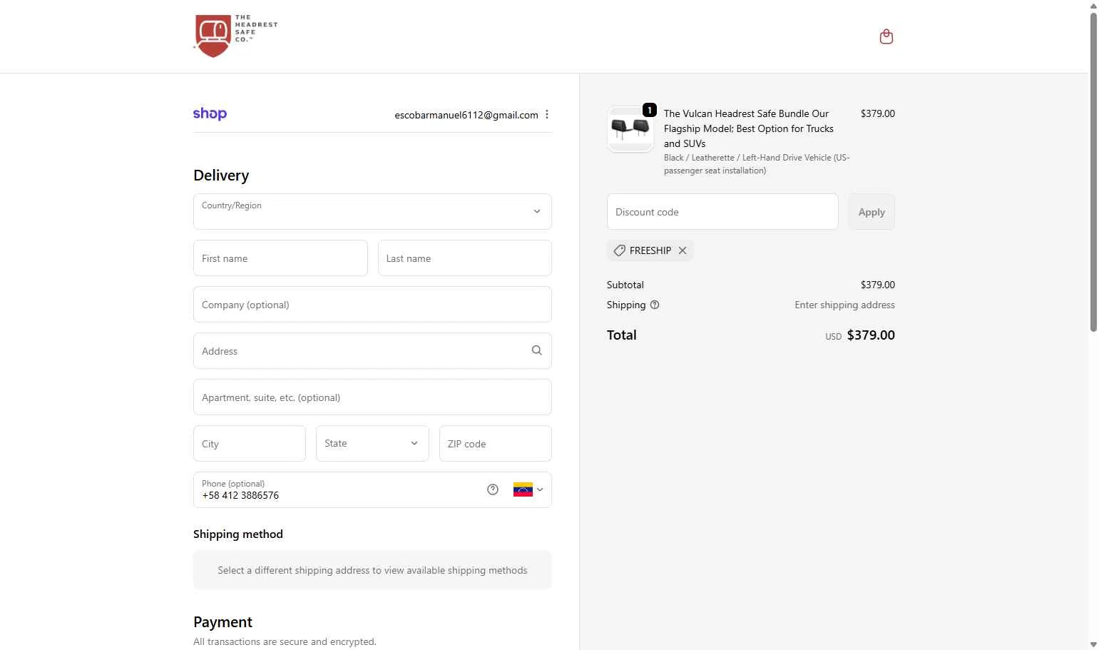 The Headrest Safe checkout page showing The Headrest Safe promo code box | Screenshot taken by SimplyCodes community member on Nov 2, 2025