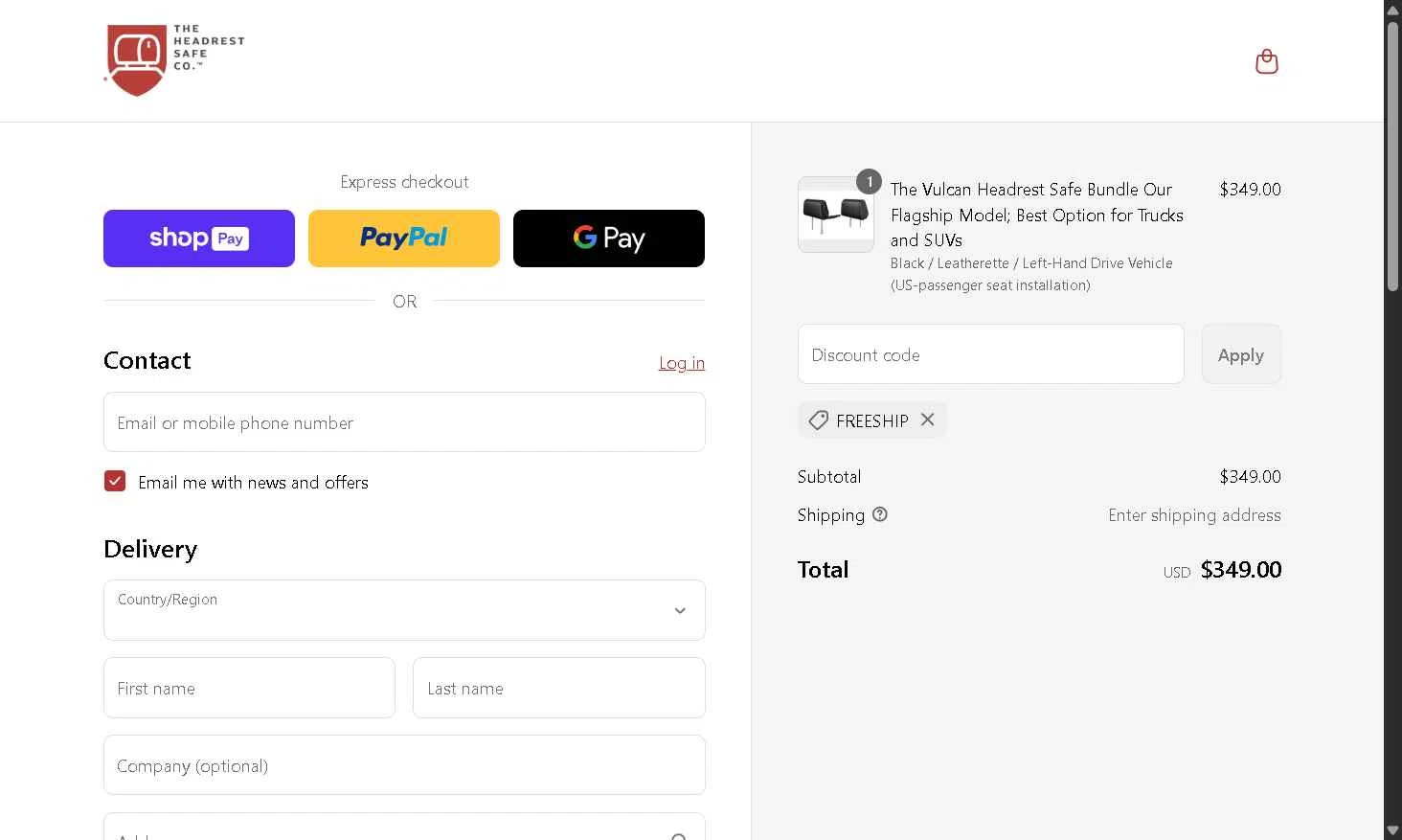 The Headrest Safe checkout page showing The Headrest Safe promo code box | Screenshot taken by SimplyCodes community member on Jul 9, 2025