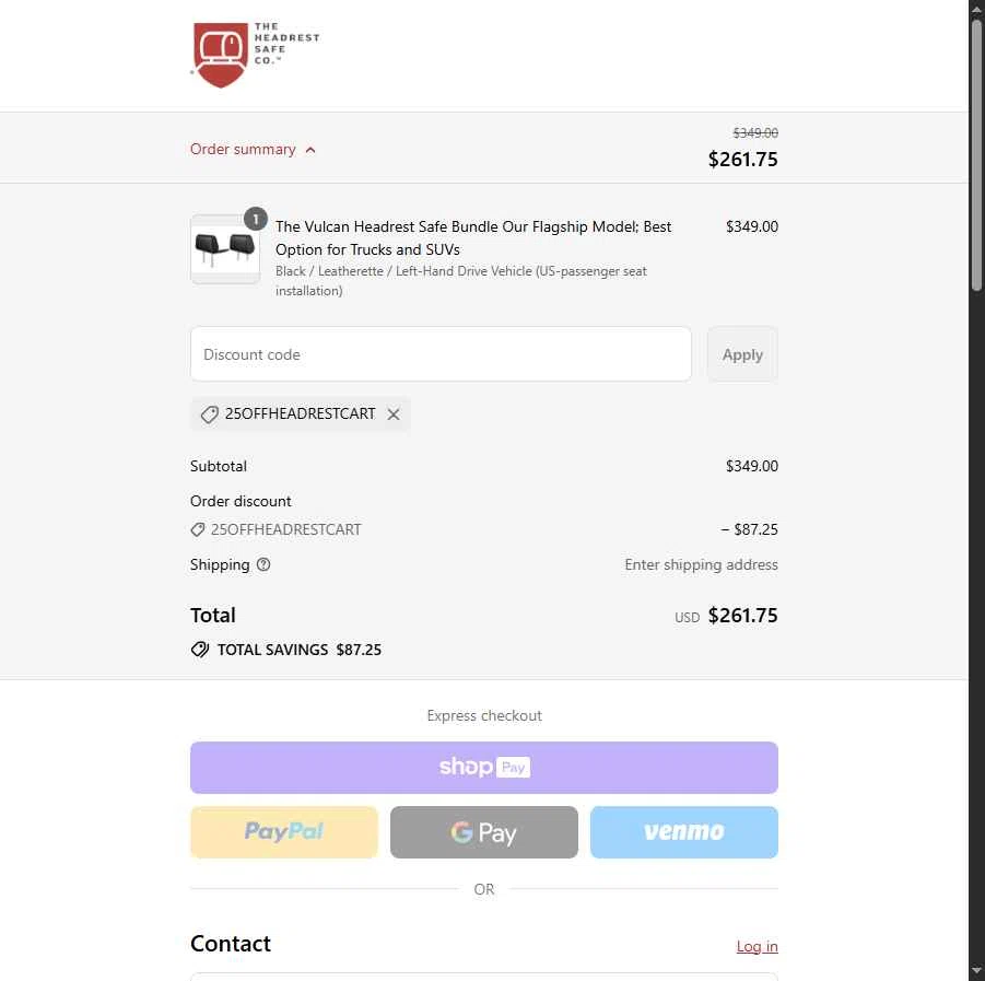 The Headrest Safe checkout page showing The Headrest Safe promo code box | Screenshot taken by SimplyCodes community member on Aug 19, 2025
