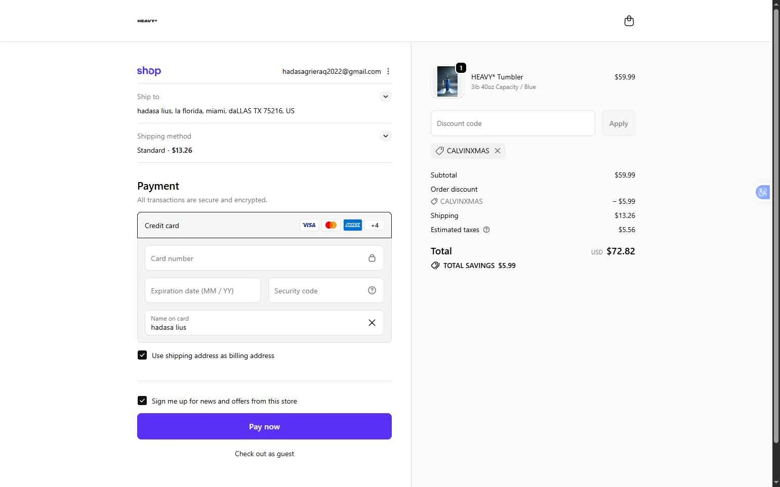 The Heavy Cup checkout page showing The Heavy Cup discount code box | Screenshot taken by SimplyCodes community member on Jan 27, 2026
