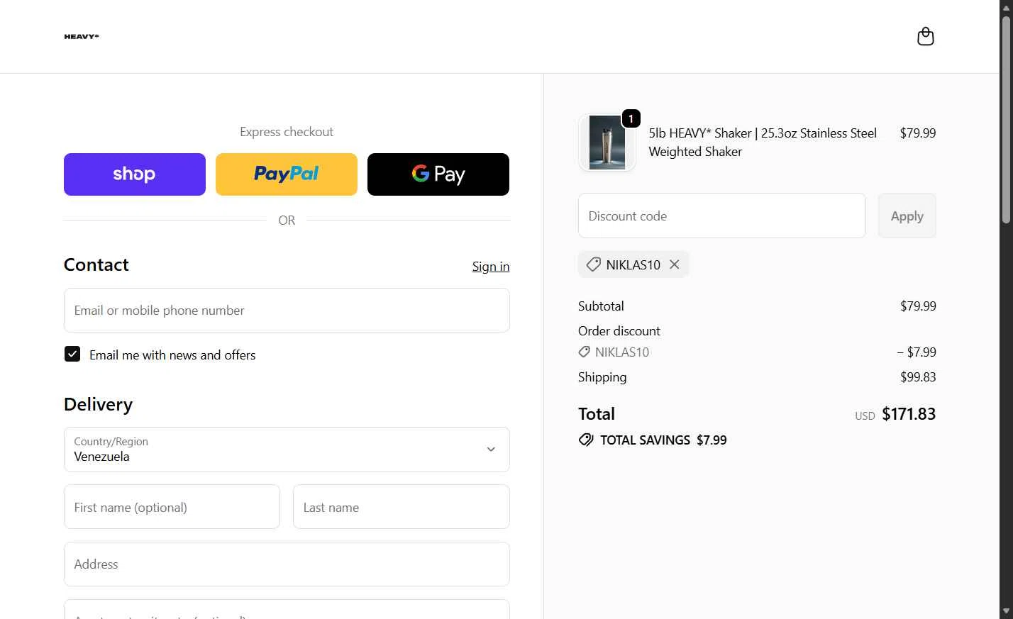 The Heavy Cup checkout page showing The Heavy Cup discount code box | Screenshot taken by SimplyCodes community member on Jan 29, 2026
