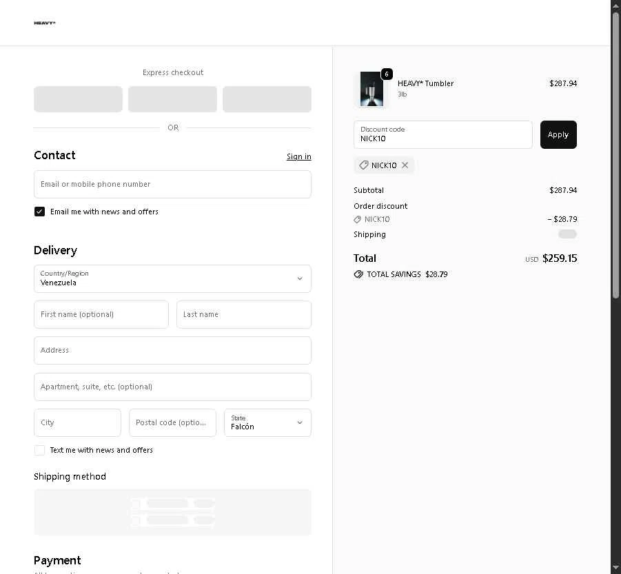 The Heavy Cup checkout page showing The Heavy Cup discount code box | Screenshot taken by SimplyCodes community member on Nov 19, 2025