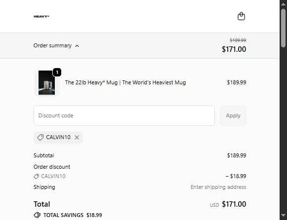 The Heavy Cup checkout page showing The Heavy Cup discount code box | Screenshot taken by SimplyCodes community member on Oct 21, 2025
