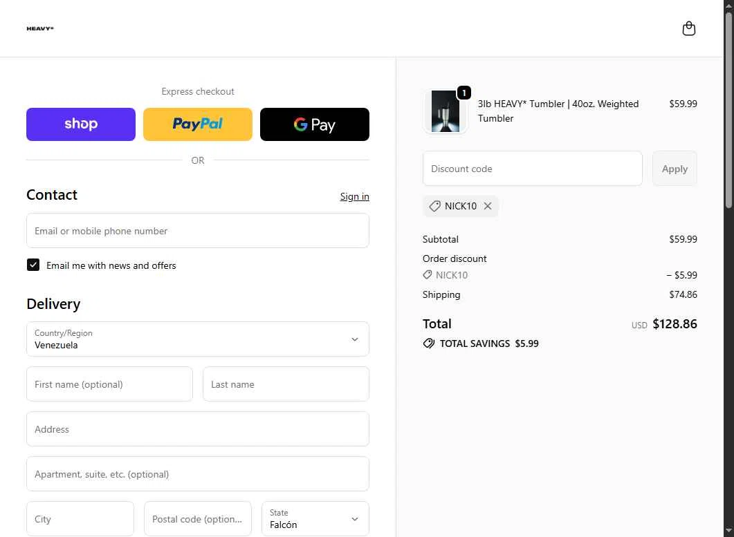 The Heavy Cup checkout page showing The Heavy Cup discount code box | Screenshot taken by SimplyCodes community member on Oct 21, 2025