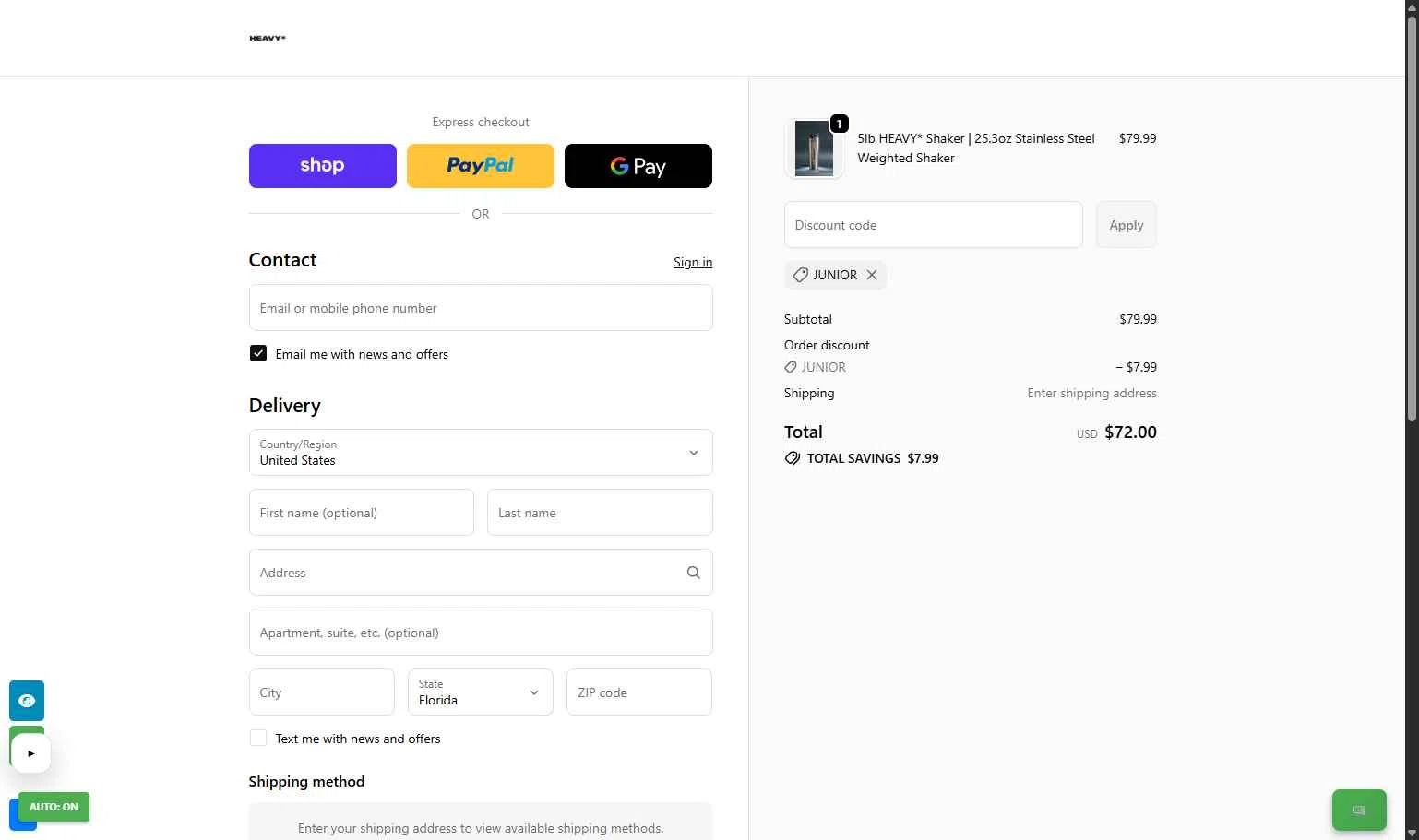 The Heavy Cup checkout page showing The Heavy Cup discount code box | Screenshot taken by SimplyCodes community member on Feb 2, 2026