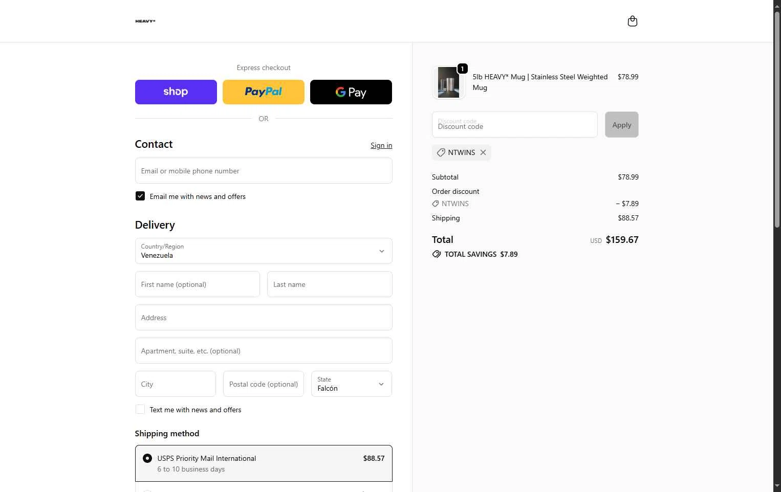 The Heavy Cup checkout page showing The Heavy Cup discount code box | Screenshot taken by SimplyCodes community member on Oct 18, 2025