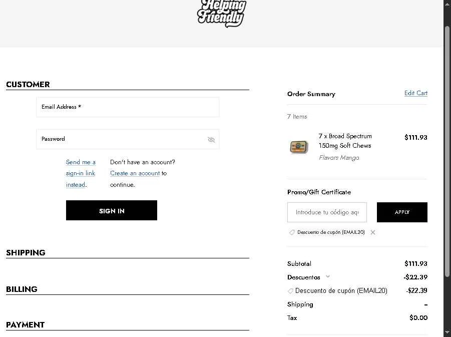 The Helping Friendly Salve checkout page showing The Helping Friendly Salve promo code box | Screenshot taken by SimplyCodes community member on Jan 29, 2026