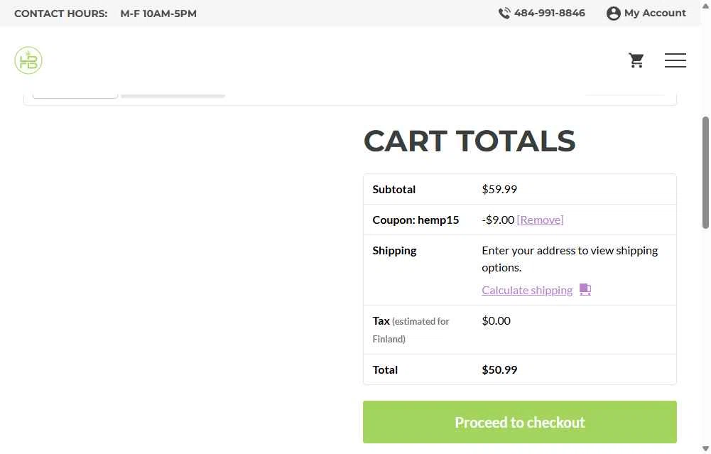 The Hemp Barn checkout page showing The Hemp Barn discount code box | Screenshot taken by SimplyCodes community member on Jun 22, 2025