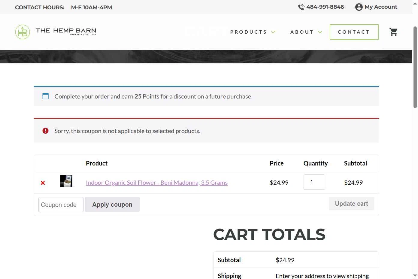 The Hemp Barn checkout page showing The Hemp Barn discount code box | Screenshot taken by SimplyCodes community member on Jan 8, 2026