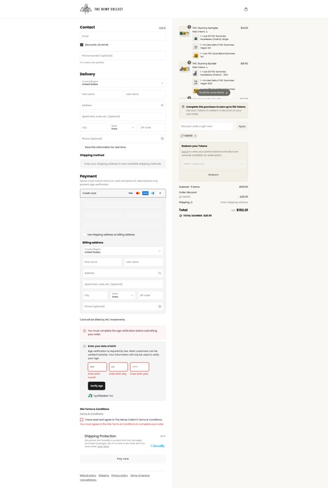 The Hemp Collect checkout page showing The Hemp Collect discount code box | Screenshot taken by SimplyCodes community member on Sep 3, 2025