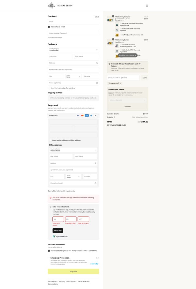 The Hemp Collect checkout page showing The Hemp Collect discount code box | Screenshot taken by SimplyCodes community member on Sep 8, 2025