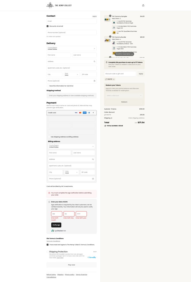 The Hemp Collect checkout page showing The Hemp Collect discount code box | Screenshot taken by SimplyCodes community member on Sep 8, 2025