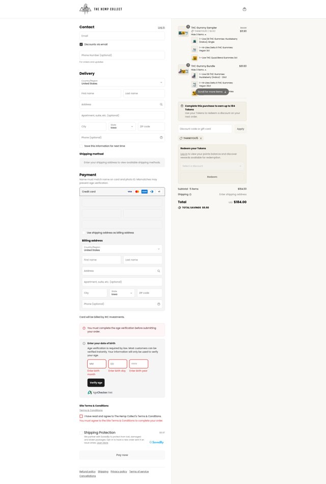 The Hemp Collect checkout page showing The Hemp Collect discount code box | Screenshot taken by SimplyCodes community member on Sep 3, 2025