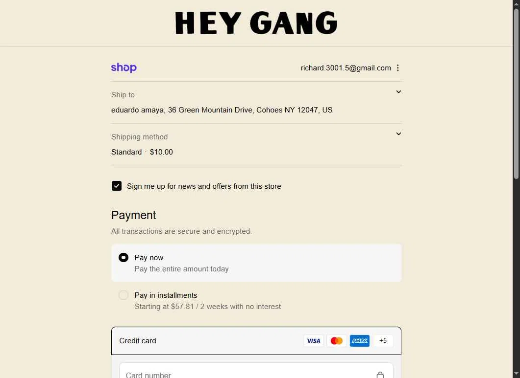 HEY GANG checkout page showing HEY GANG discount code box | Screenshot taken by SimplyCodes community member on Nov 22, 2025