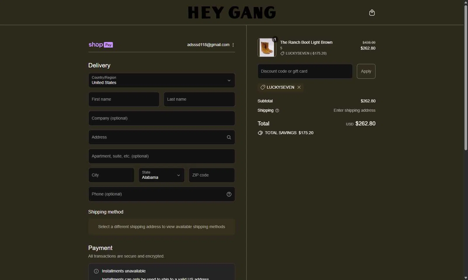 HEY GANG checkout page showing HEY GANG discount code box | Screenshot taken by SimplyCodes community member on Jul 30, 2025