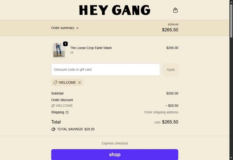 HEY GANG checkout page showing HEY GANG discount code box | Screenshot taken by SimplyCodes community member on Oct 8, 2025