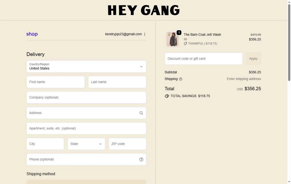 HEY GANG checkout page showing HEY GANG discount code box | Screenshot taken by SimplyCodes community member on Nov 22, 2025