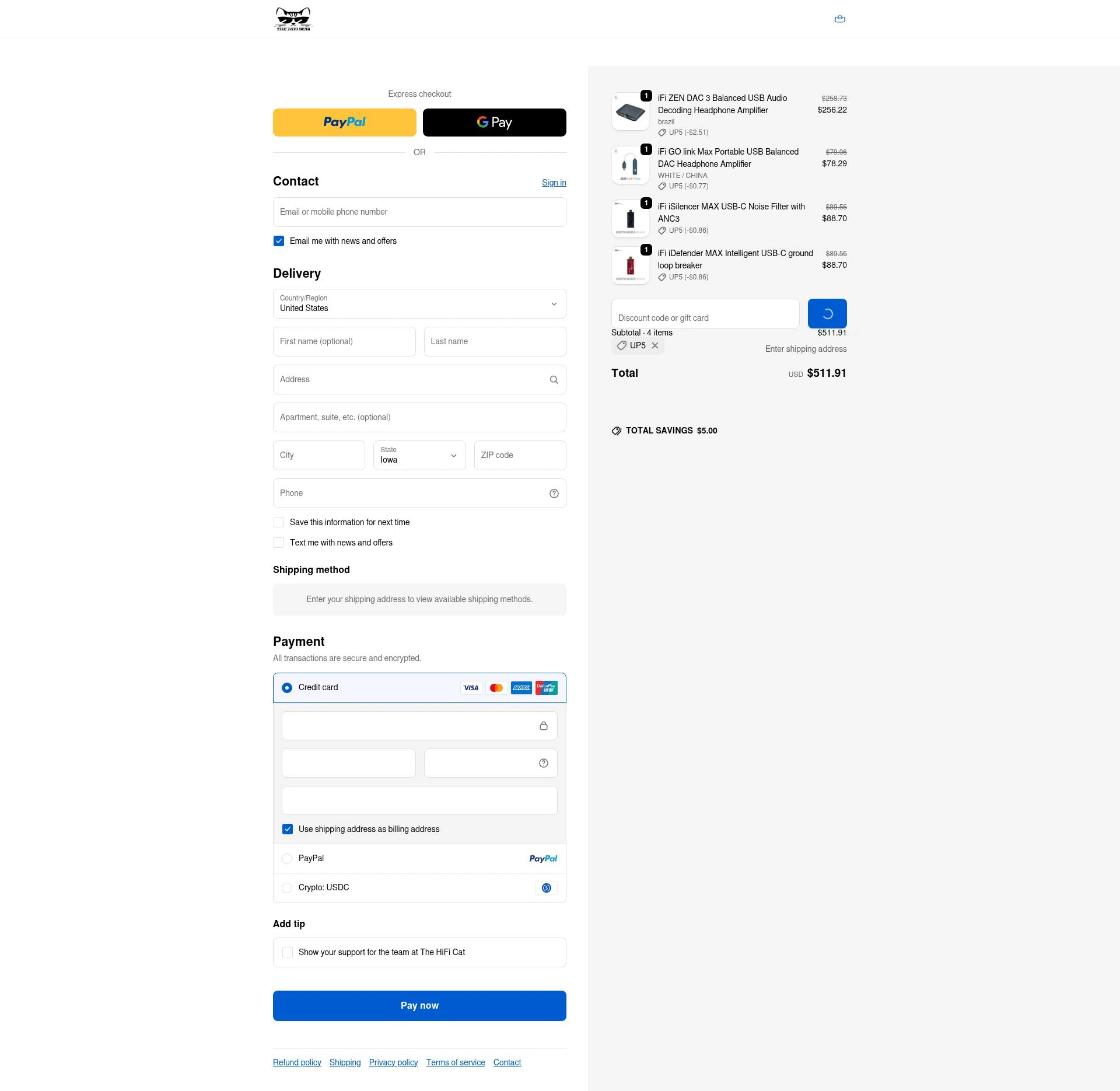 The HiFi Cat checkout page showing The HiFi Cat discount code box | Screenshot taken by SimplyCodes community member on Feb 12, 2026