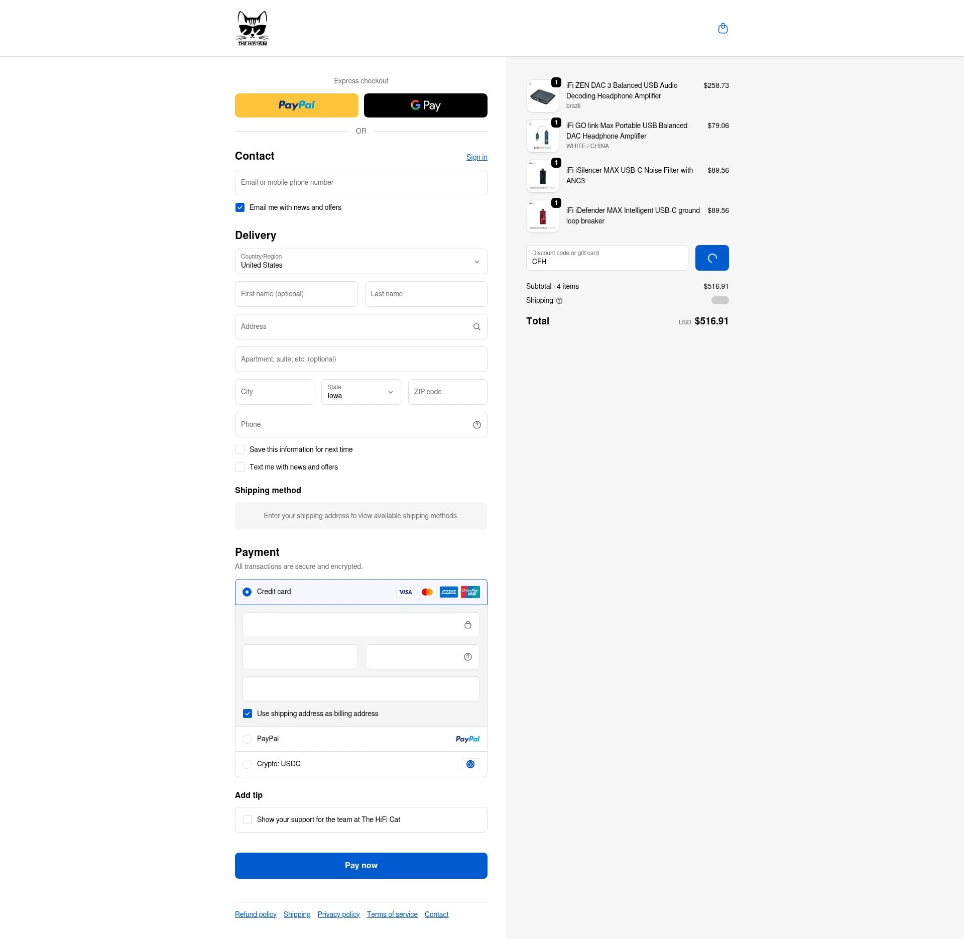 The HiFi Cat checkout page showing The HiFi Cat discount code box | Screenshot taken by SimplyCodes community member on Feb 12, 2026