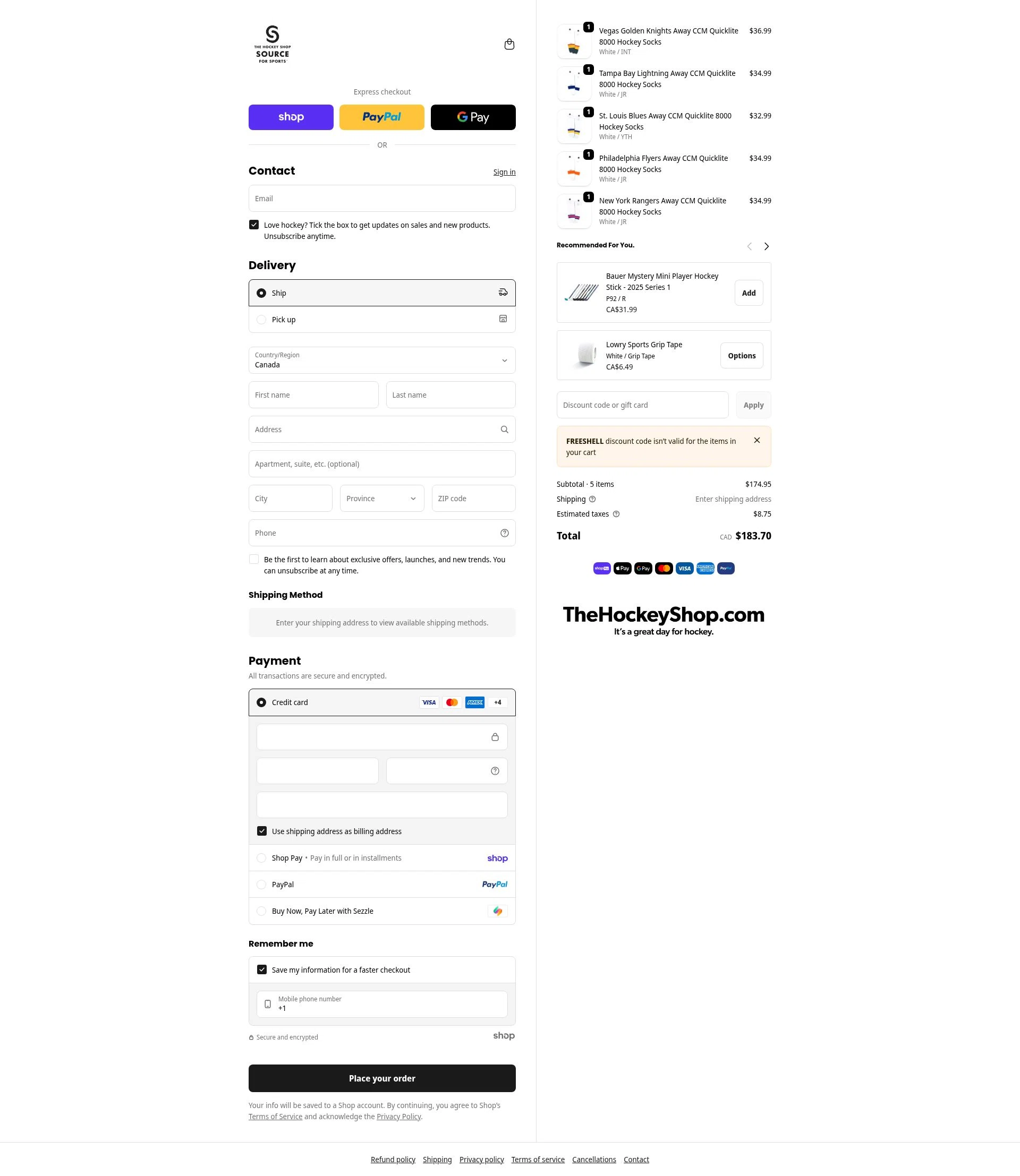The Hockey Shop checkout page showing The Hockey Shop promo code box | Screenshot taken by SimplyCodes community member on Jan 29, 2026