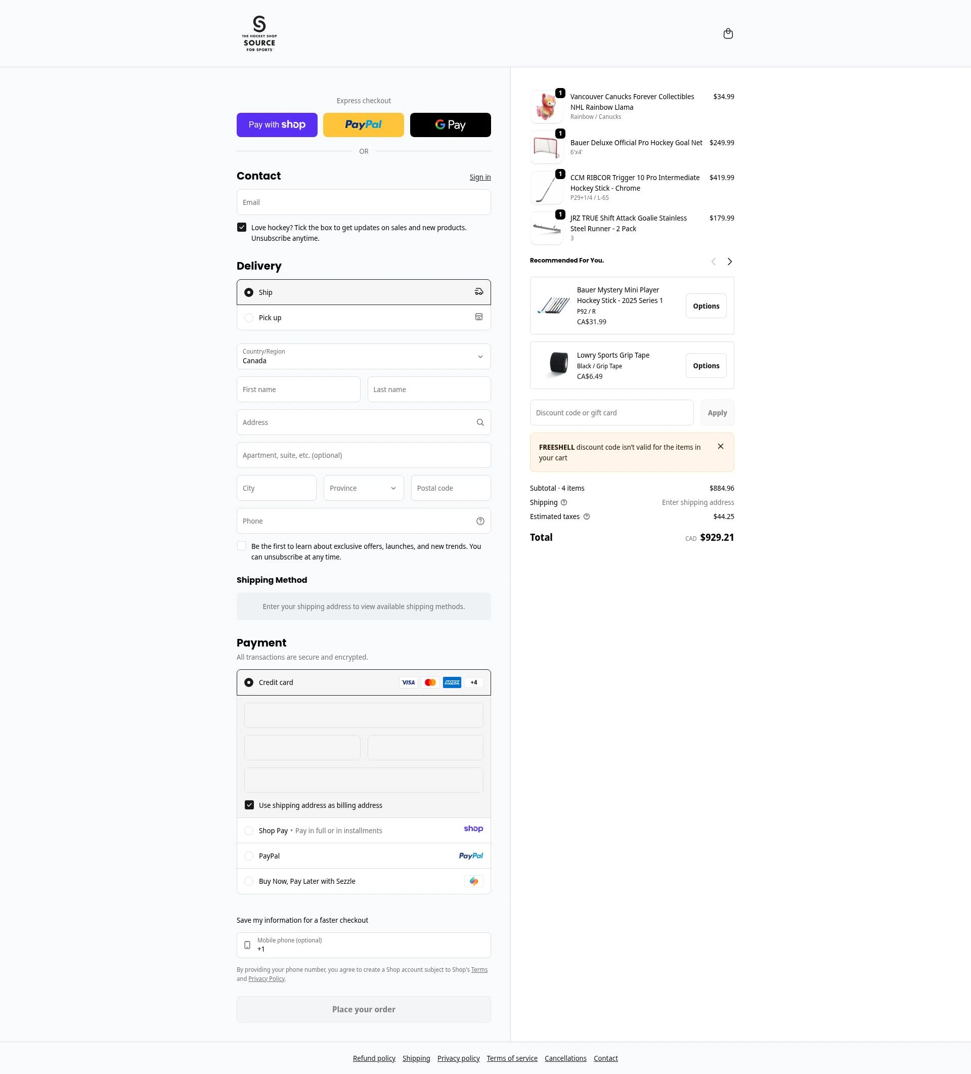 The Hockey Shop checkout page showing The Hockey Shop promo code box | Screenshot taken by SimplyCodes community member on Jan 10, 2026